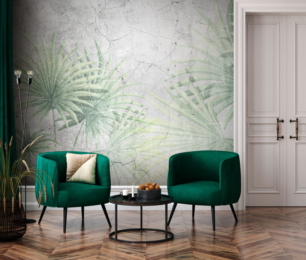 Palm fans on plaster — interior 1
