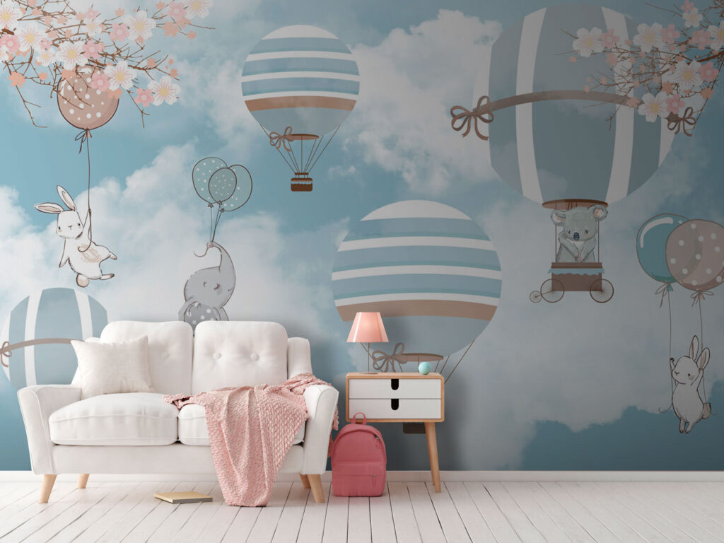 Rabbits on blue balloons — interior 1