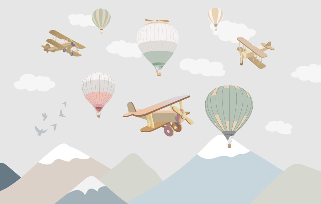 Flights over pastel mountains — full design