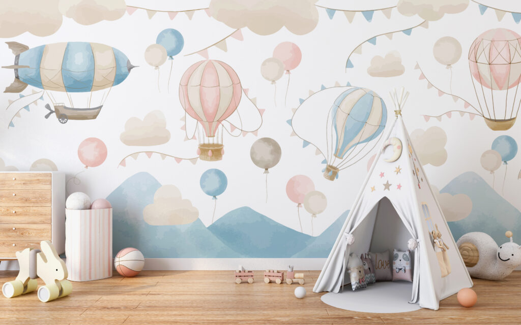 Balloons under bunting — interior 1