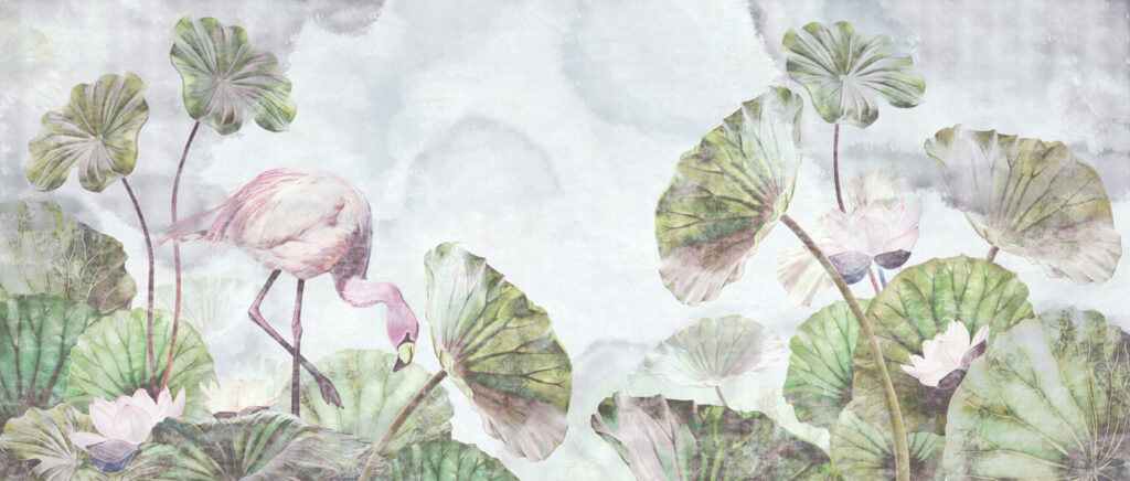 Flamingo among lotus leaves — full design