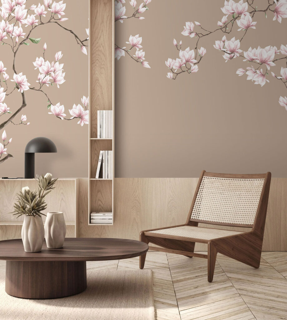 Pink magnolia on taupe — interior 1