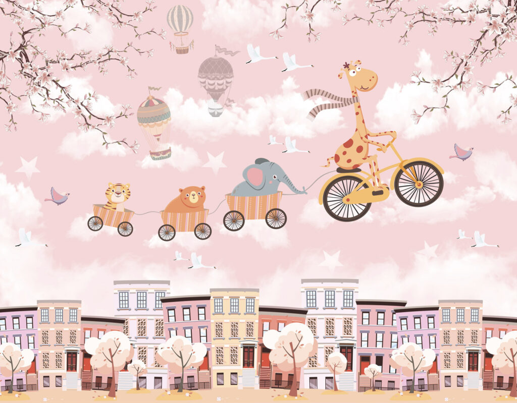 Animals cycling above town — full design