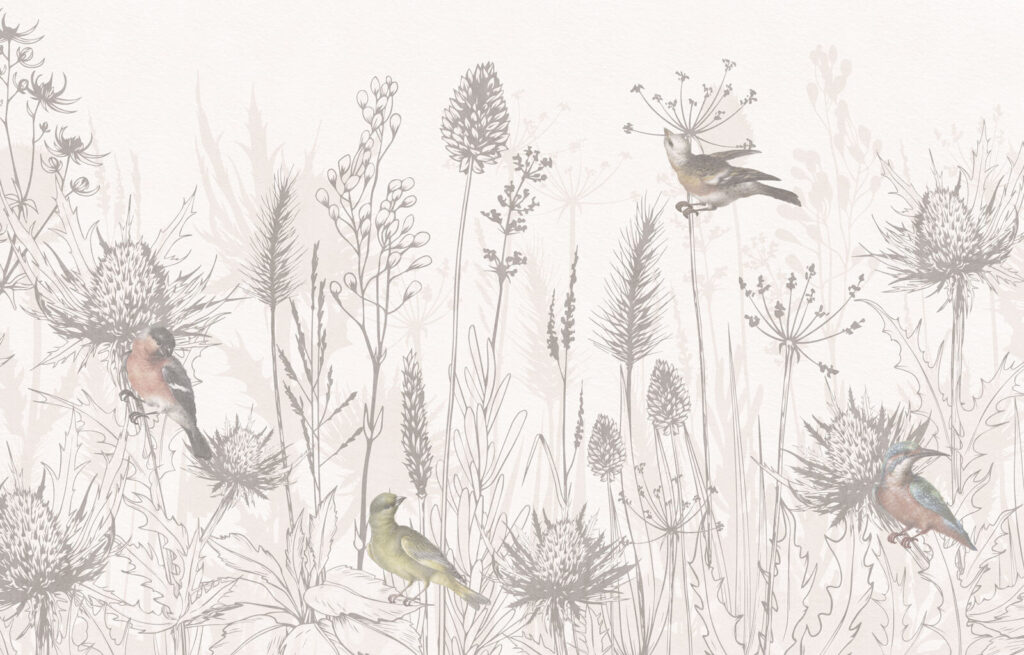 Songbirds among drawn grasses — full design