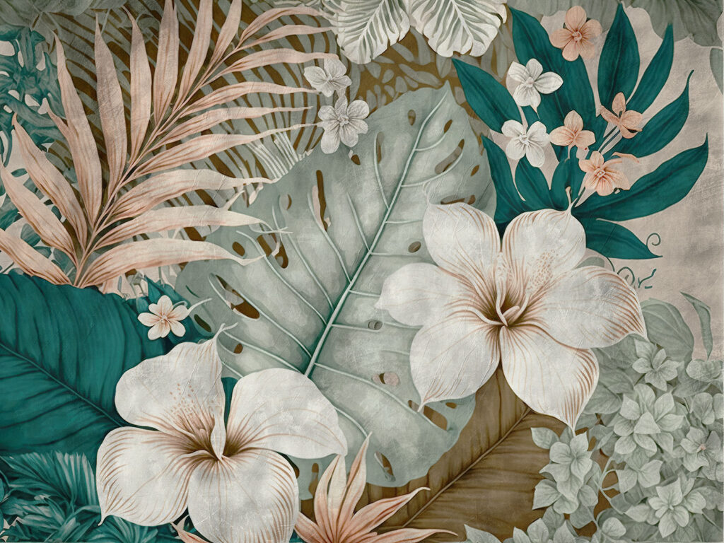 White flowers, turquoise leaves — full design