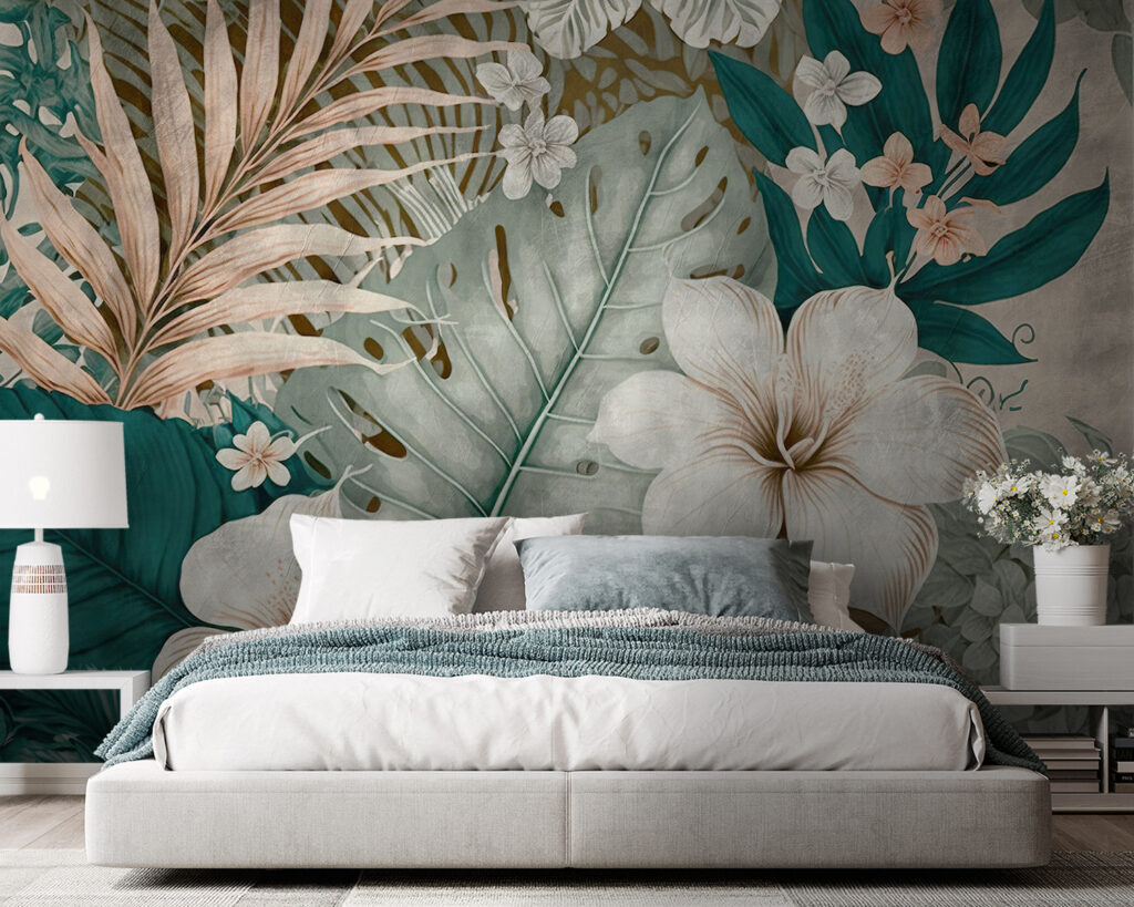 White flowers, turquoise leaves — interior 2