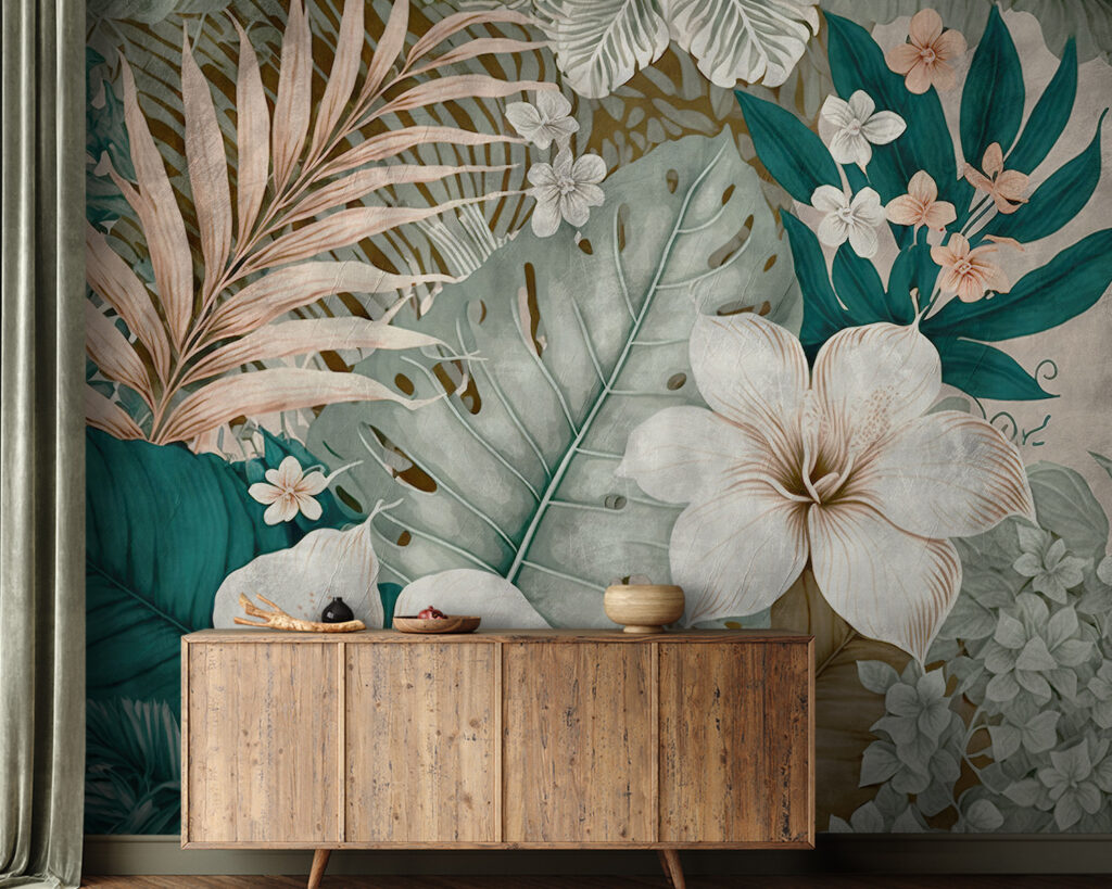 White flowers, turquoise leaves — interior 1