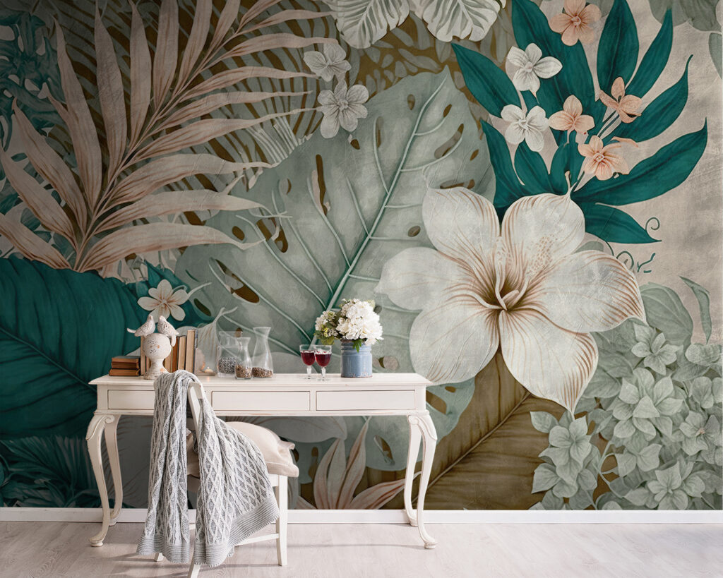 White flowers, turquoise leaves — interior 4