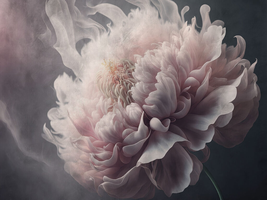 Peony fading into smoke — full design