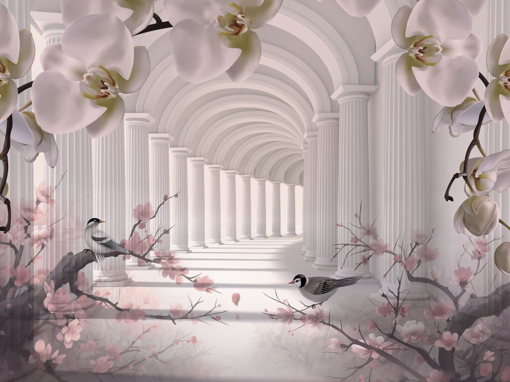 Birds beneath flower arches — full design