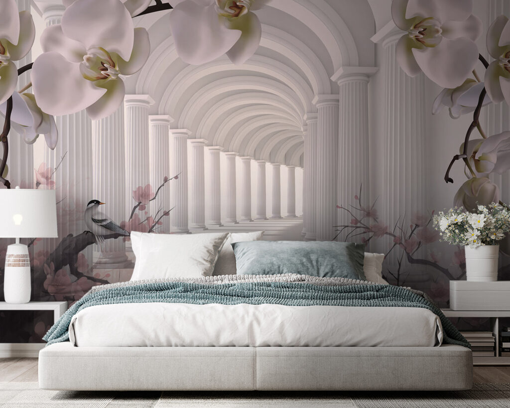 Birds beneath flower arches — interior 2