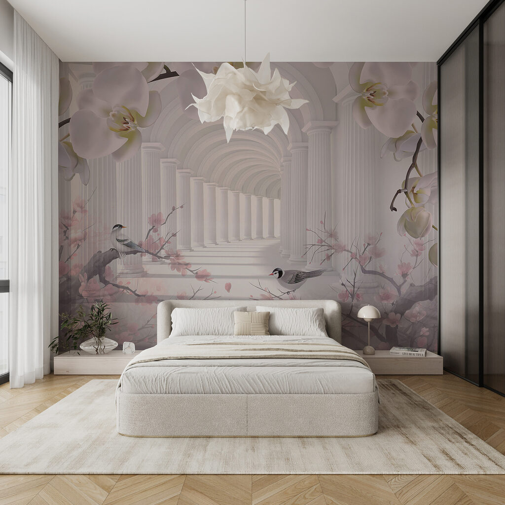 Birds beneath flower arches — interior 6