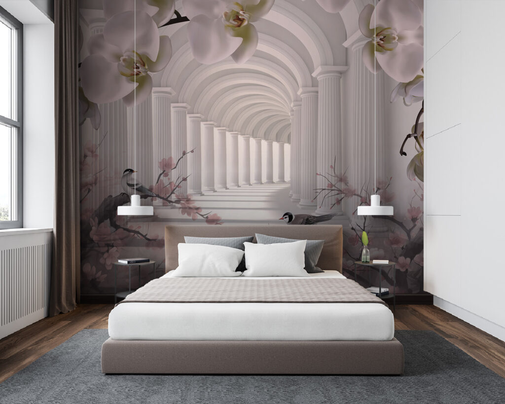 Birds beneath flower arches — interior 3