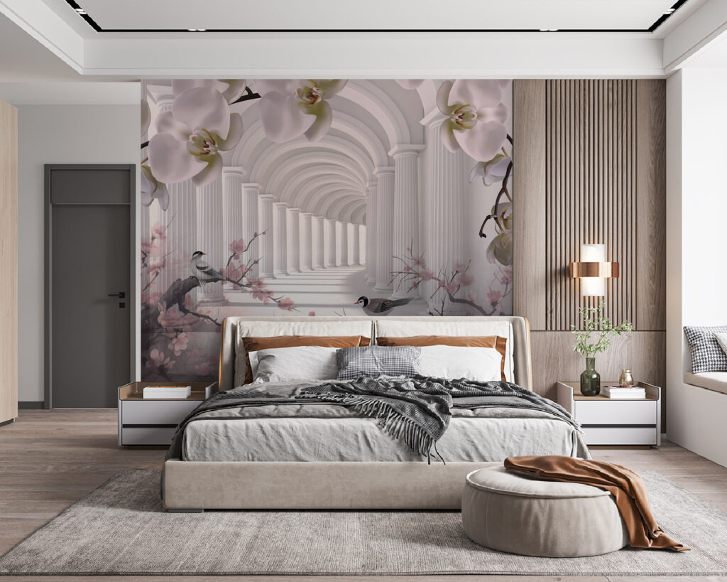 Birds beneath flower arches — interior 4