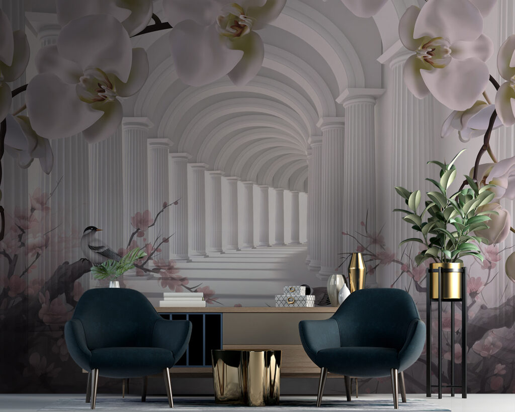 Birds beneath flower arches — interior 1