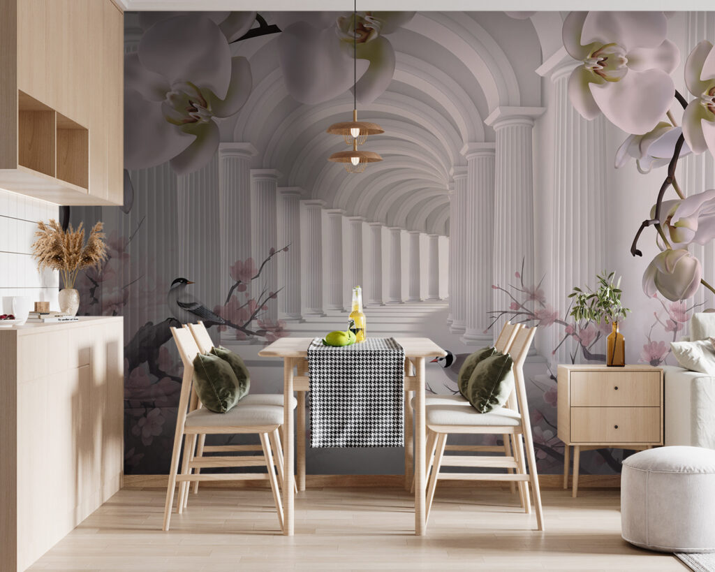Birds beneath flower arches — interior 5