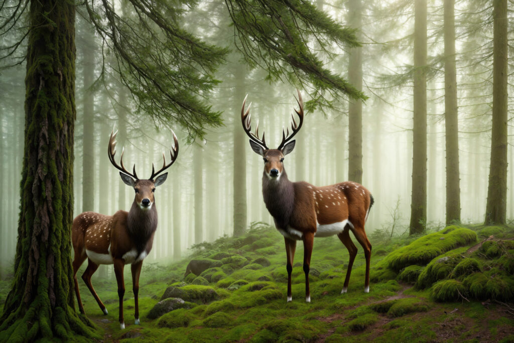 Deer in conifer forest — full design