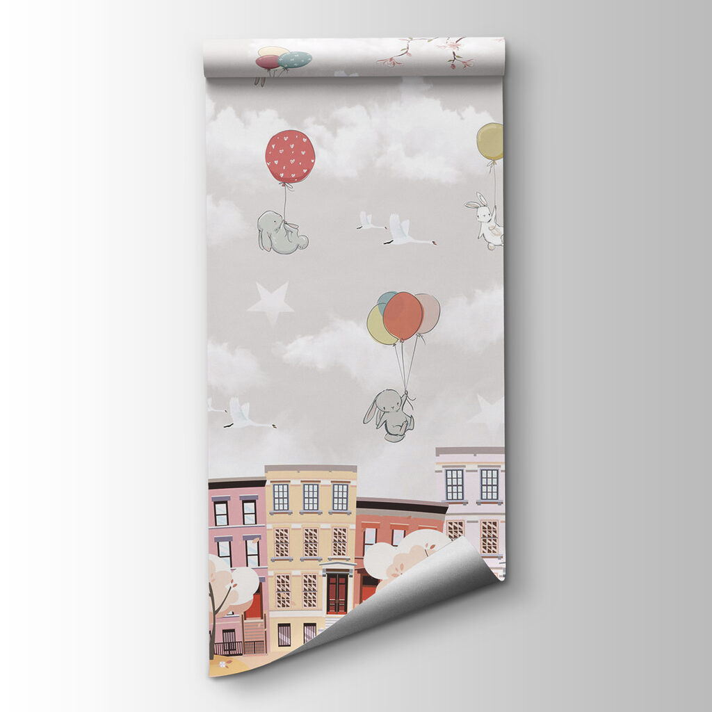 Animals above pastel houses — product view