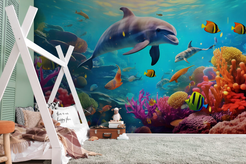 Dolphin among colourful coral — interior 1