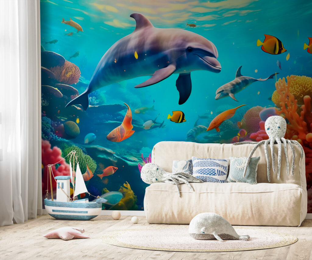 Dolphin among colourful coral — interior 2
