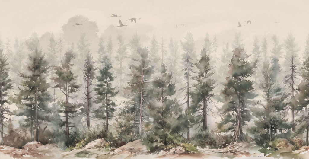 Pines in sandy mist — full design