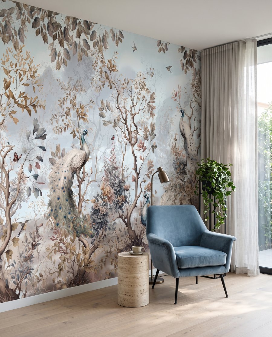 Peacock Garden Etching in an interior