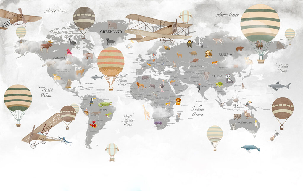World map and balloons — full design