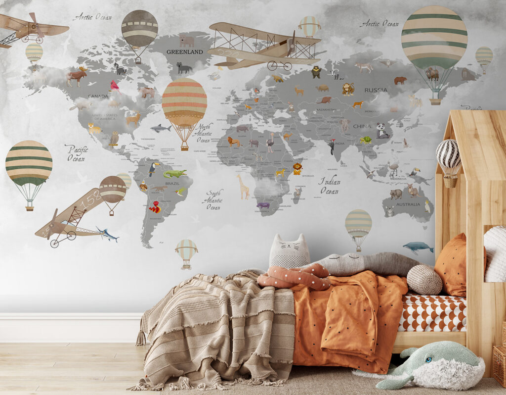 World map and balloons — interior 1