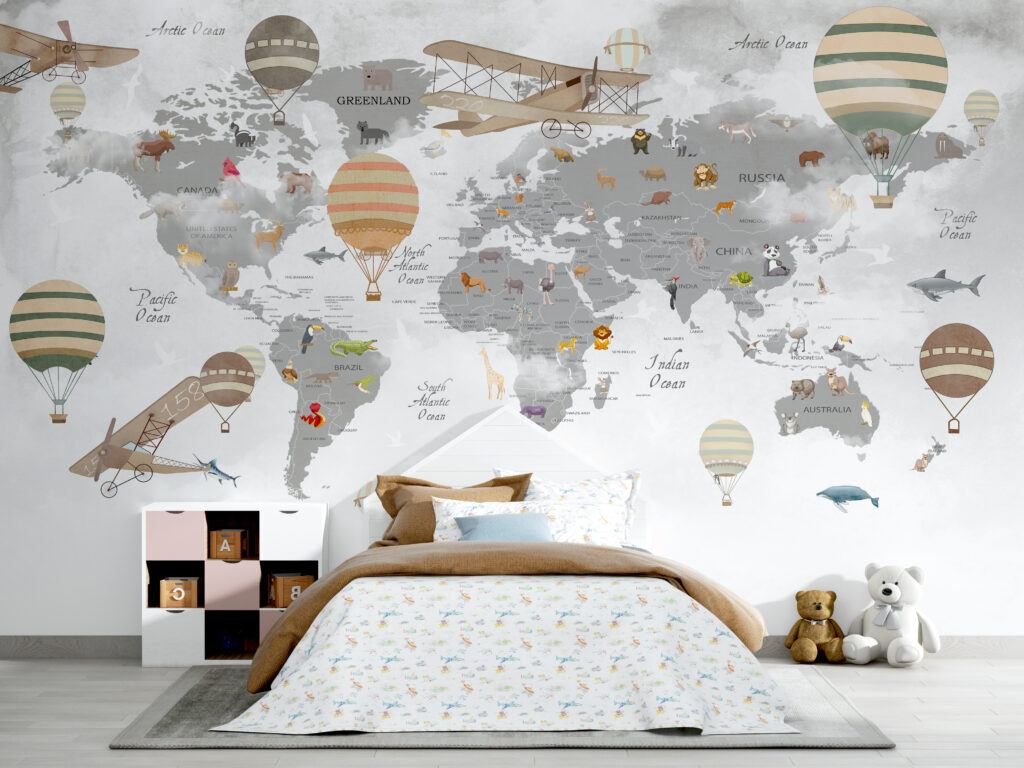 World map and balloons — interior 2