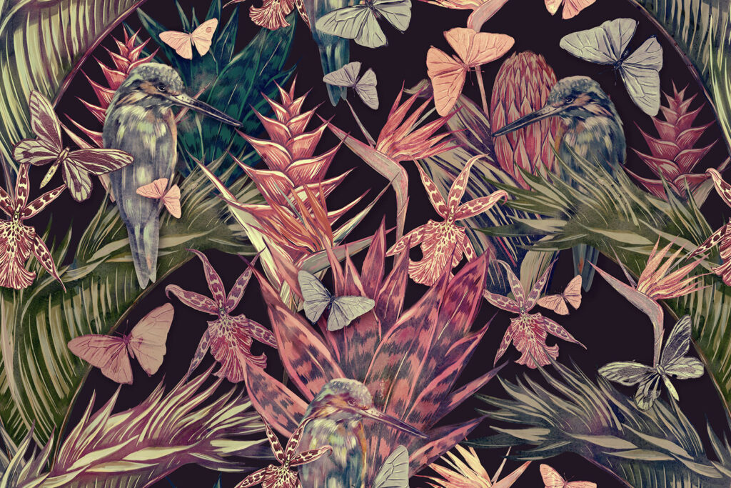 Parrots among tropical leaves — full design