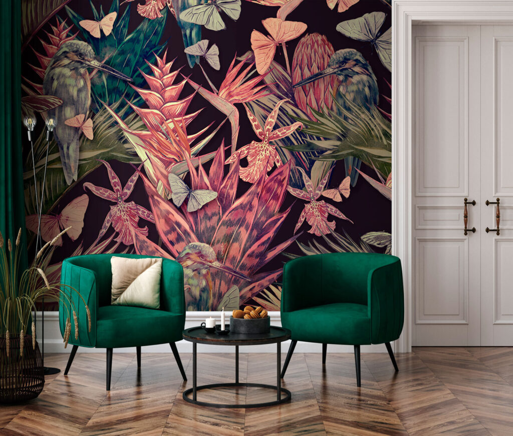 Parrots among tropical leaves — interior 1