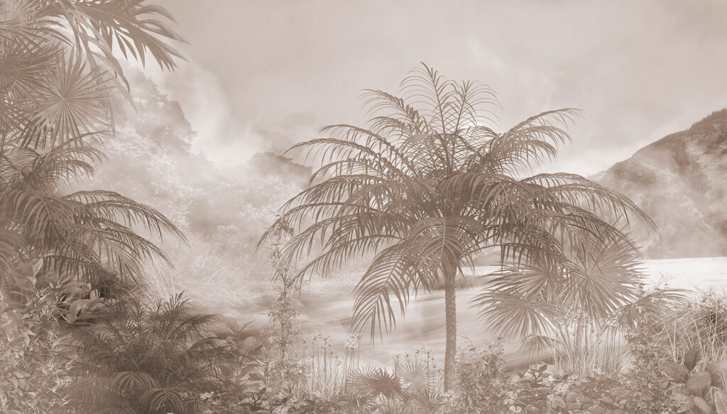 Palms before misty mountains — full design