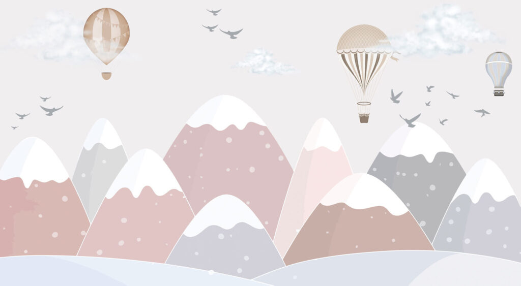 Balloons above pink mountains — full design
