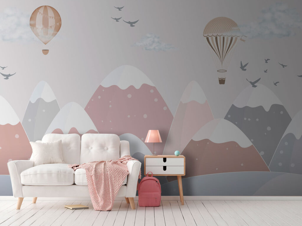 Balloons above pink mountains — interior 1