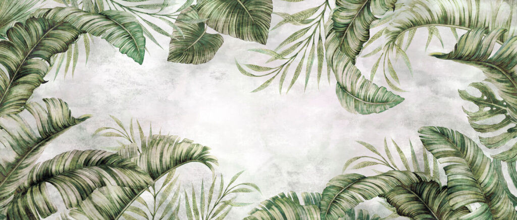 Palm leaves framing white — full design