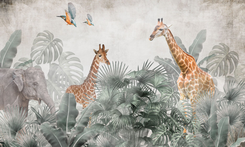Giraffes among palm leaves — full design