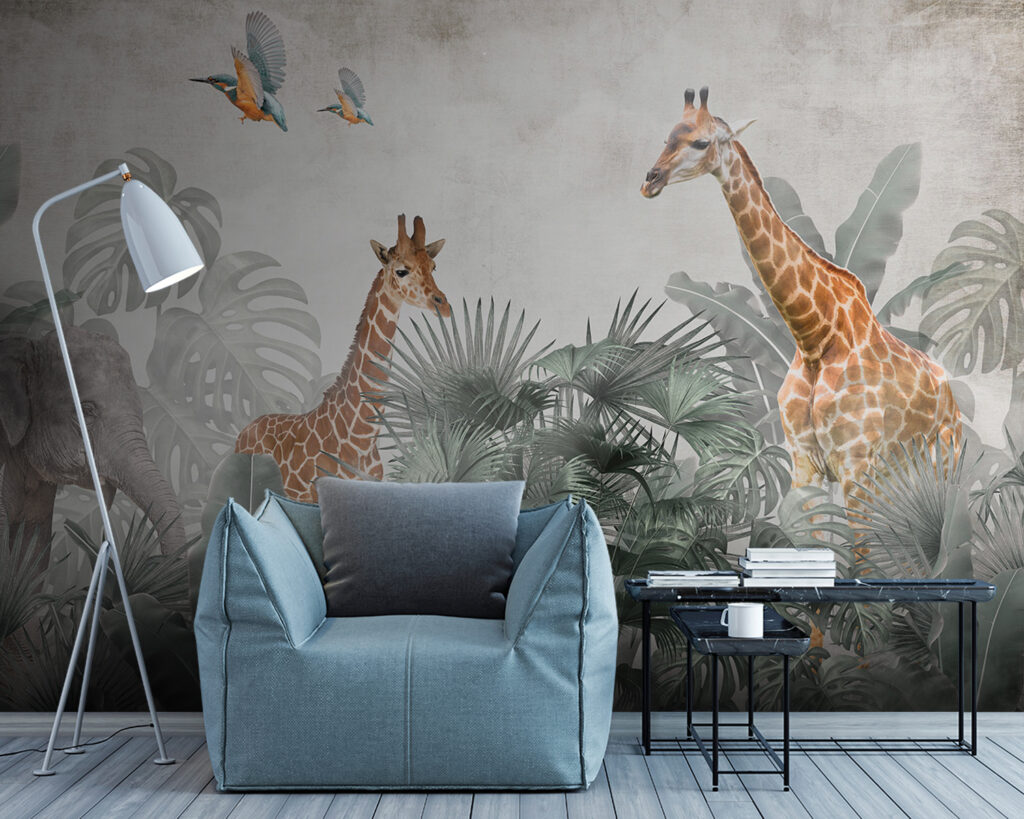 Giraffes among palm leaves — interior 1