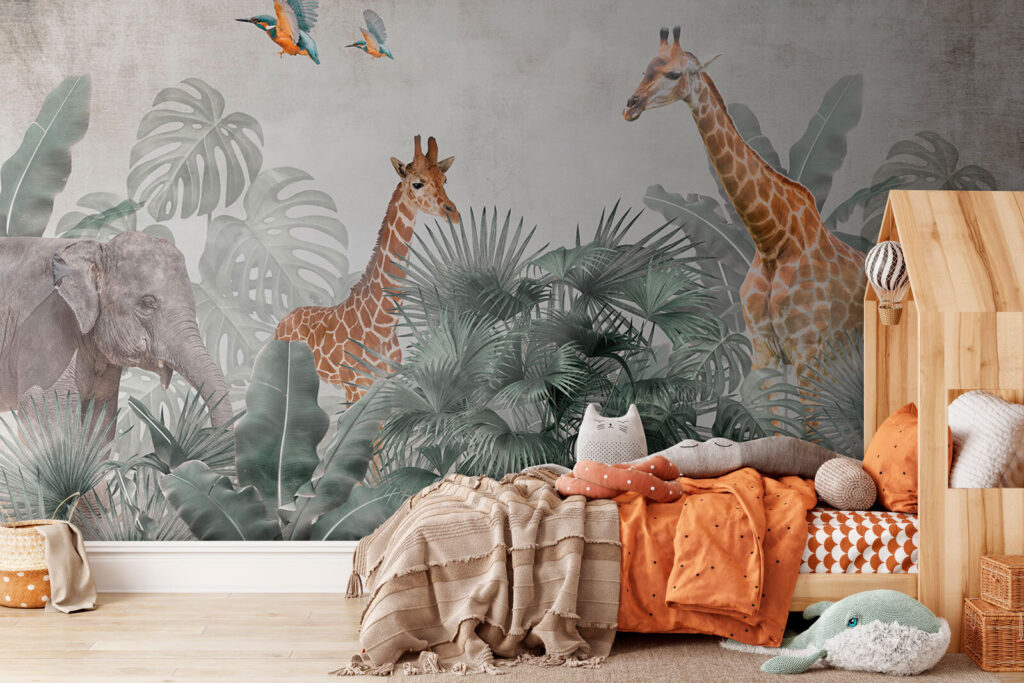 Giraffes among palm leaves — interior 3