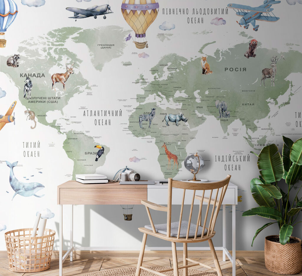 Balloons above world map — interior 1