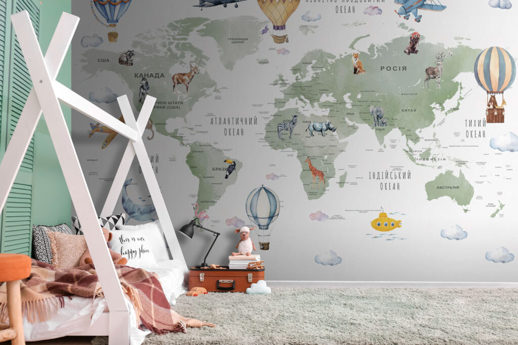 Balloons above world map — interior 2