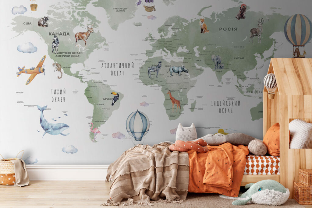 Balloons above world map — interior 3