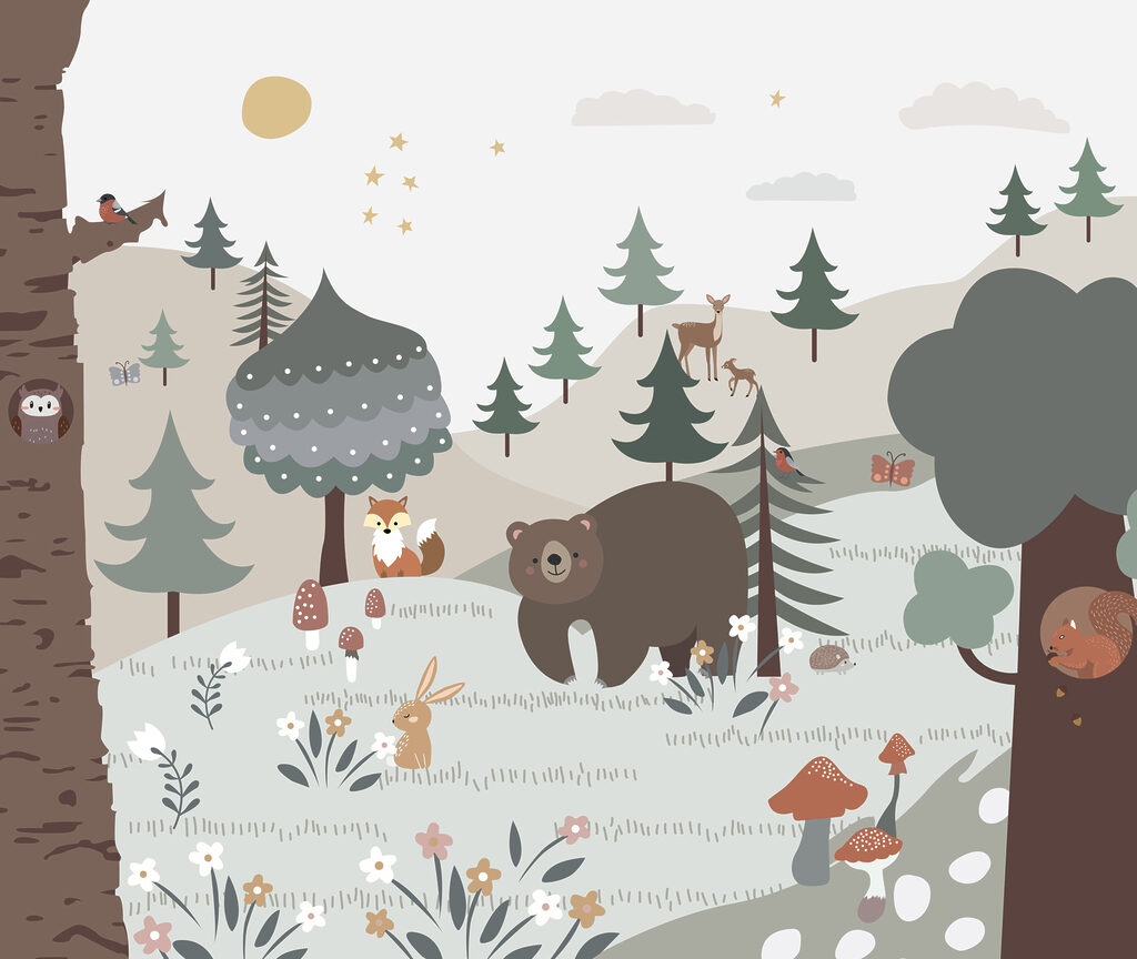 Bear among woodland friends — full design