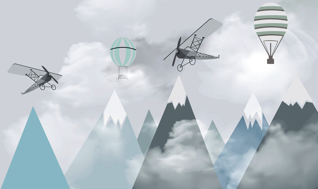 Planes above turquoise peaks — full design