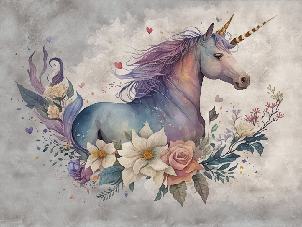 Unicorn among roses — full design
