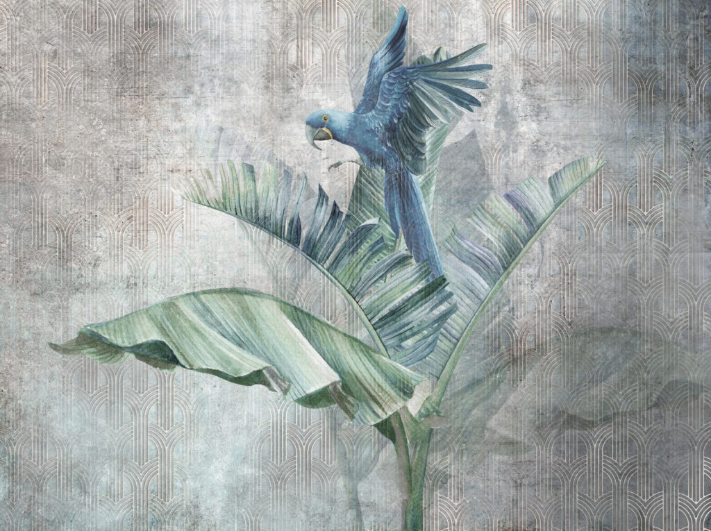 Blue macaw on leaf — full design