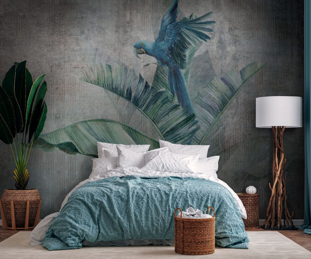 Blue macaw on leaf — interior 1