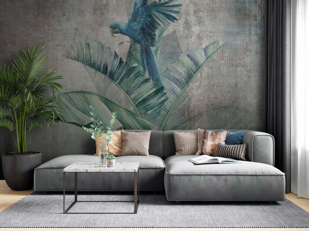 Blue macaw on leaf — interior 2