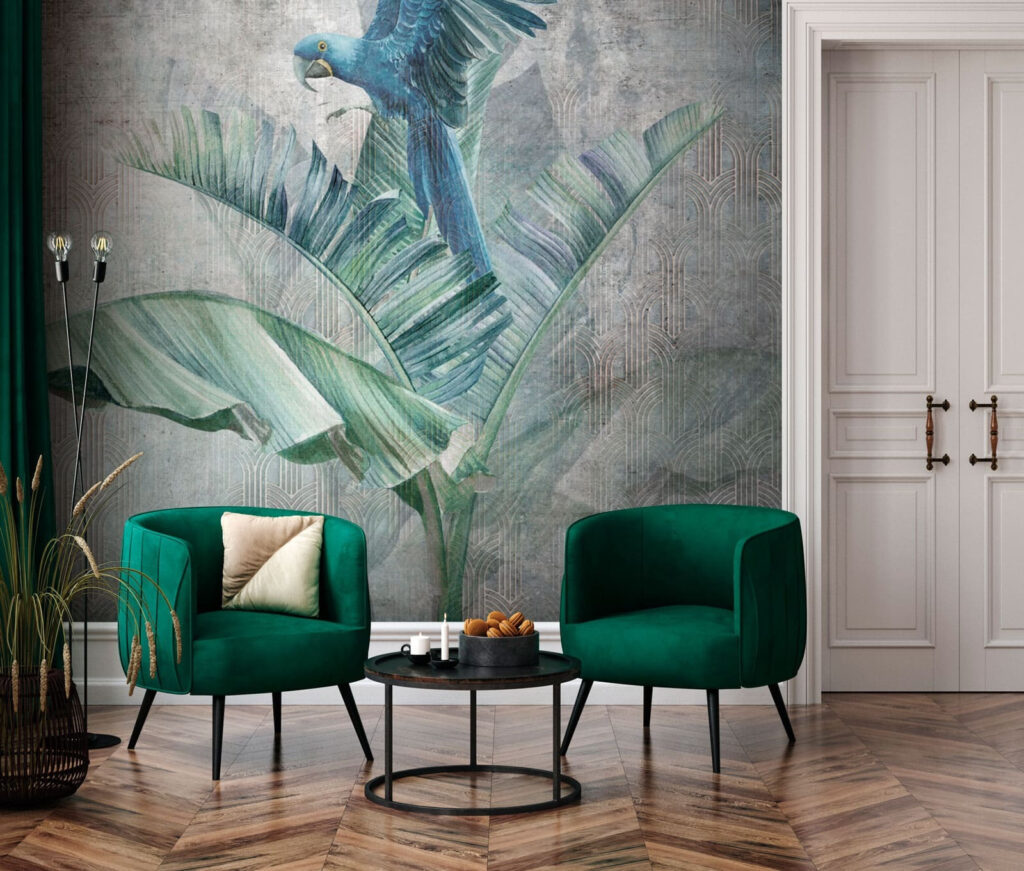Blue macaw on leaf — interior 3