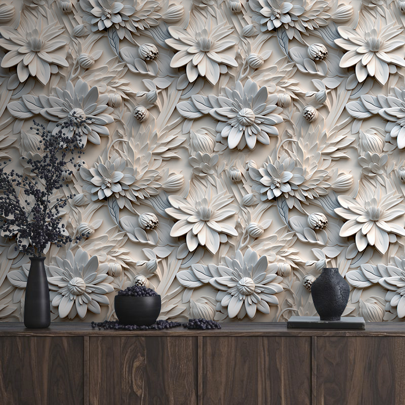 White flowers in relief — interior 1