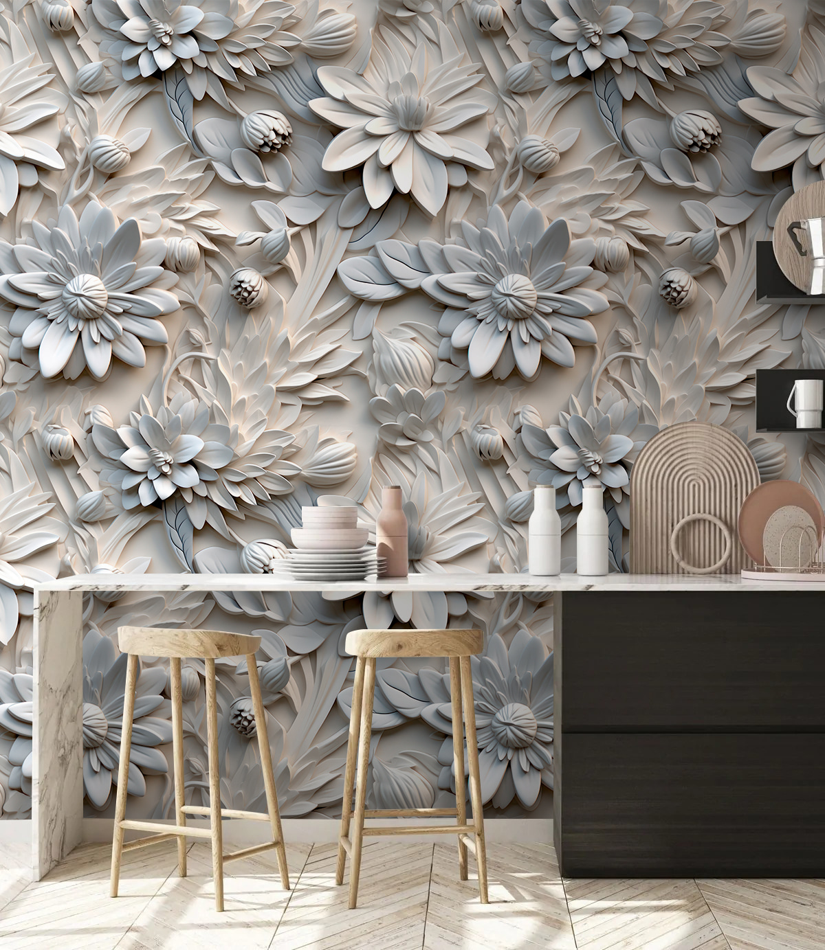 White flowers in relief — interior 5